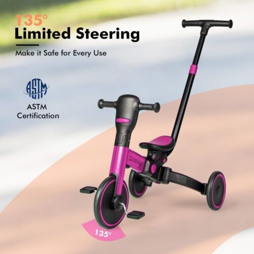 4-in-1 Kids Tricycle Foldable Toddler Balance Bike with Parent Push Handle Pink